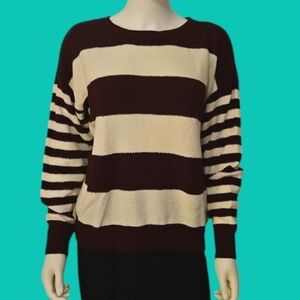 ZENANA Maroon and Cream Striped Colorblock Loose Knit Sweater